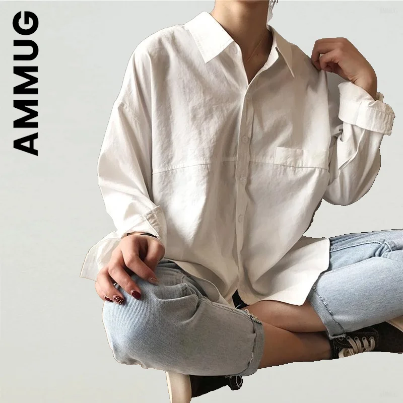

Ammug Shirt Women Fashion Party Chic Loose Top Basic Turn-down Collar Solid Minimalist Shirts Sexy New Female Mom Clothes