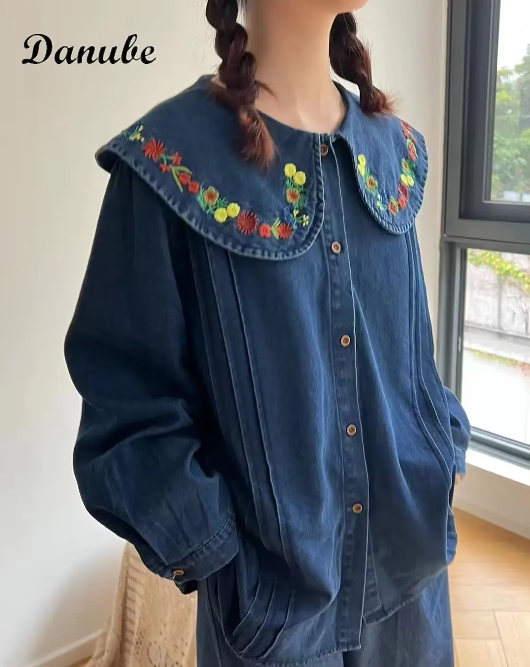 

Женская винтажная джинсовая рубашка с длинным рукавом