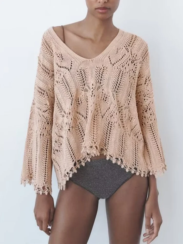 

Jacquard Mesh Sweater 2023 Fashion Hollow Out Knitted Sweaters for Women Long Sleeve Pullover Causal Woman V Neck Sweaters Top