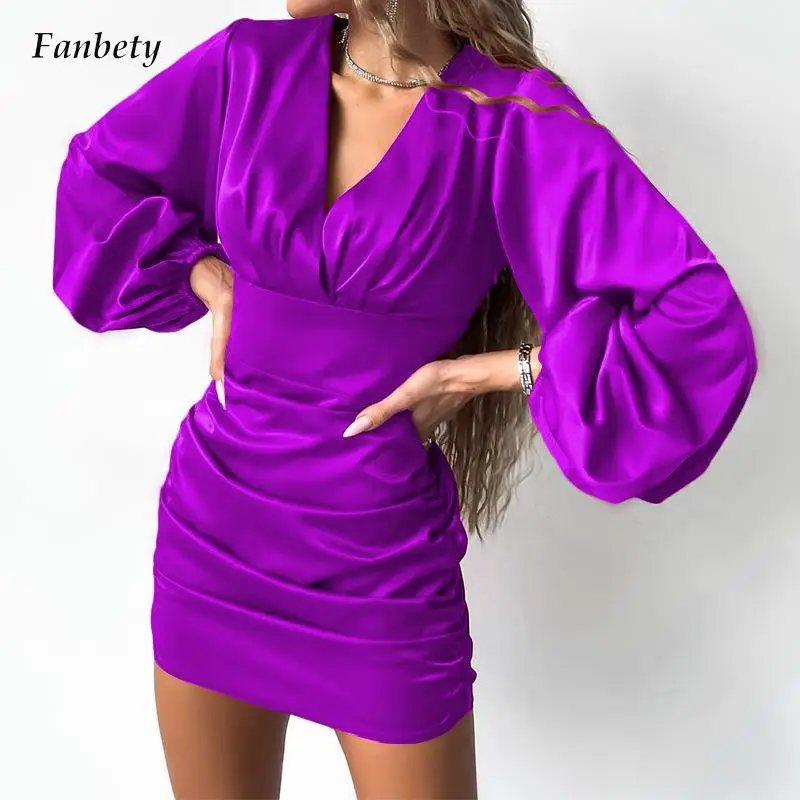 

Модное мини-платье с длинным рукавом-фонариком, офисное элегантное платье с глубоким V-образным вырезом, женское повседневное Плиссированн...