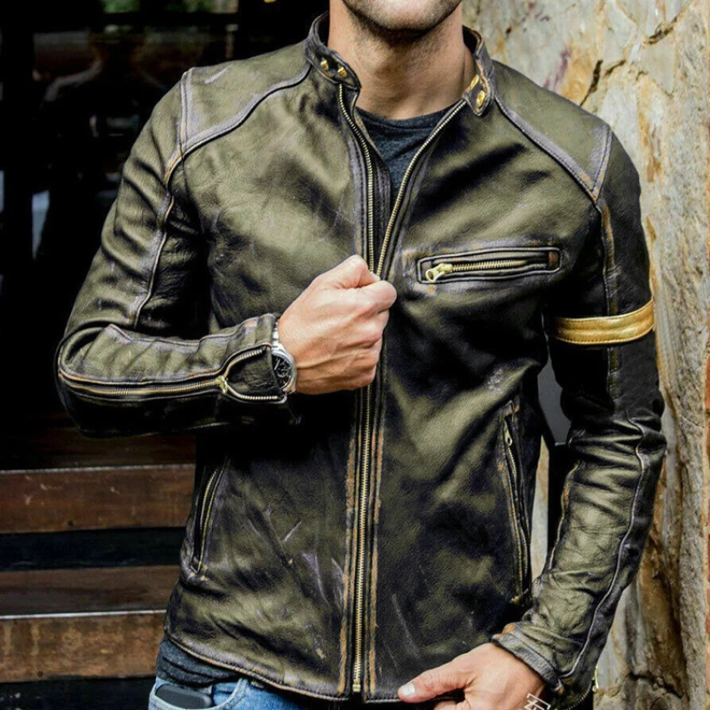 2022 European and American Men's Men's Leather Coat Men's Youth Stand Collar Men's Motorcycle Leather Jacket