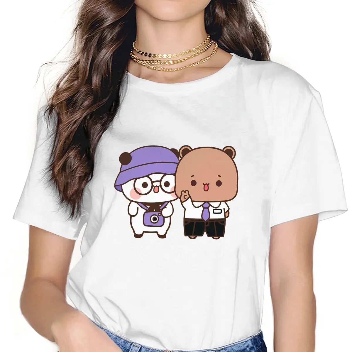 

Bear and Panda Women's TShirt Milk and Mocha Bubu Dudu Girls Y2k Graphic Tees O-neck Polyester Female T Shirt Funny Gift