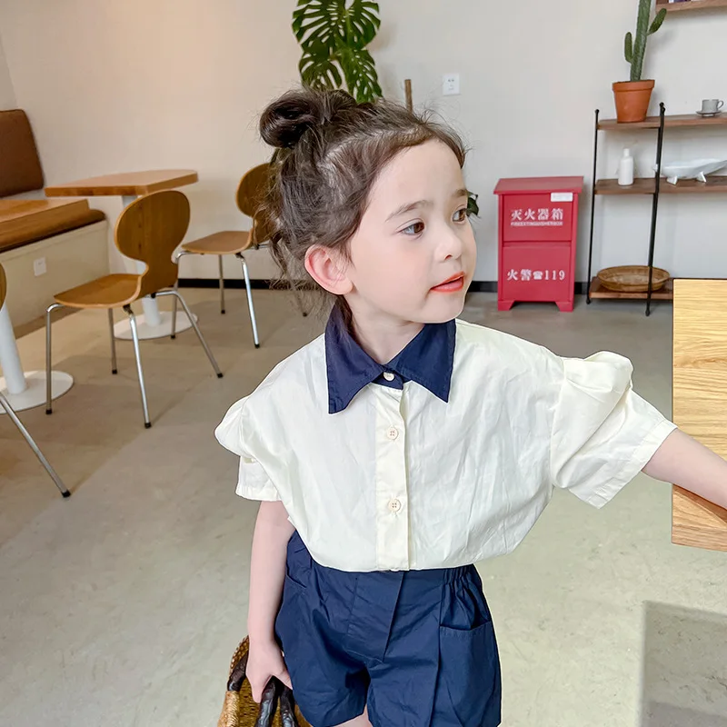 

Summer fashion girls Color contrast turn-down collar cotton shirts Kids puff short sleeve casual Tops