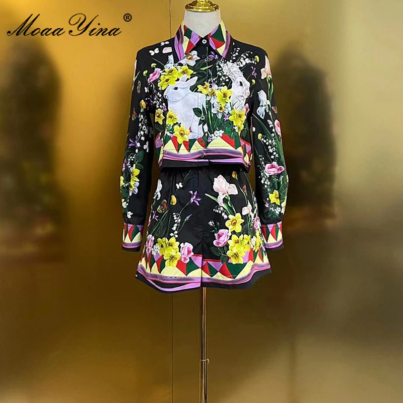 

MoaaYina Fashion Designer Set Summer Women's Turn-down Collar Lantern Long Sleeve Rabbit Printing Shirt+Shorts 2 Pieces Set