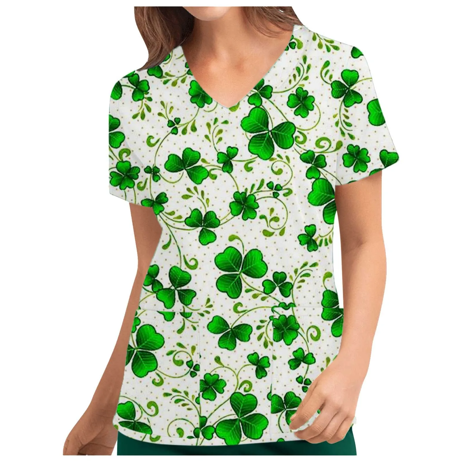 

St Patricks Day Nurse Uniform Women Clover Printed Short Sleeve V Neck Blouse Top Medical Clinical Pet Shop Working Scrubs Mujer