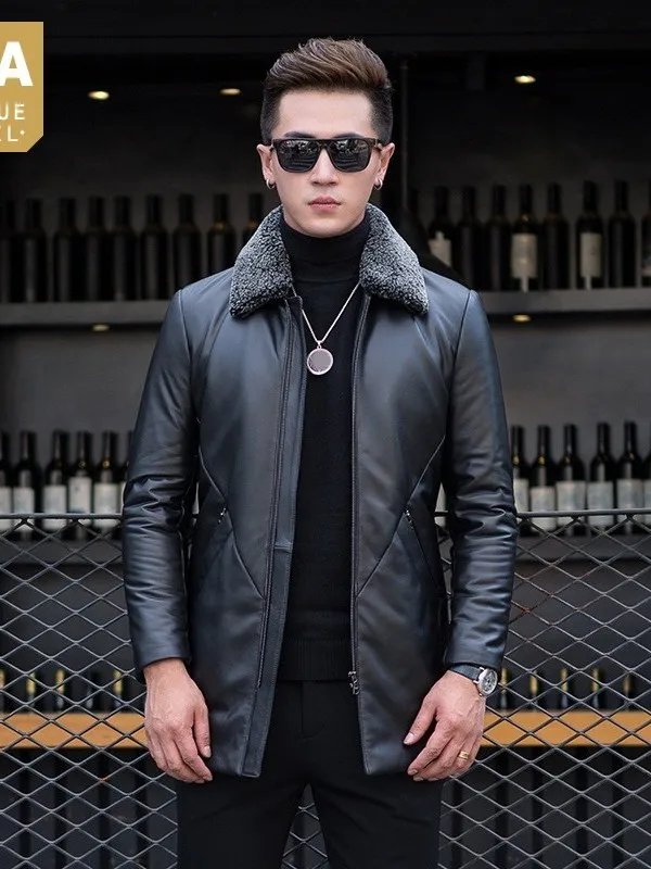 

Jacket Leather Warm Winter Genuine Men Brand Real Wool Collar Detachable Zipper Medium Long Coat Black Casual Business Outerwear