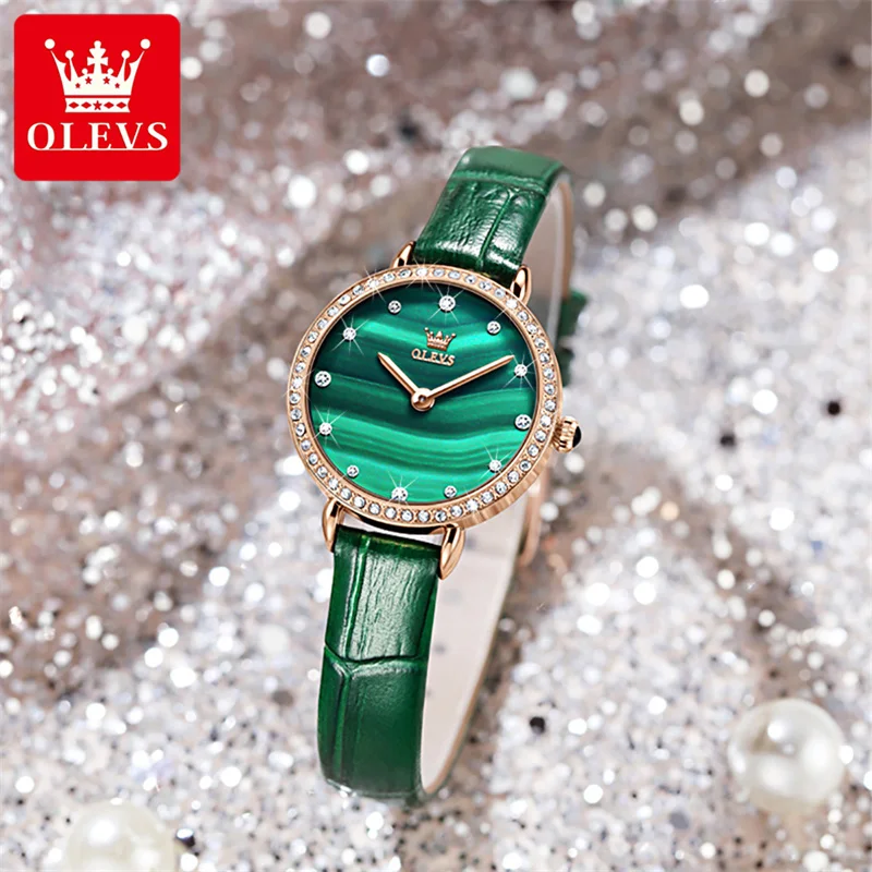 OLEVS 2023 New Luxury Women Watch Top Brand Fashion Waterproof Green Leather Strap Diamond Ladies Quartz Wristwatch Montre Femme