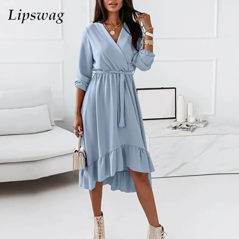 

Autumn Sexy V-Neck Waisted Party Dress Women Elegant Solid Ruffle Long Dress Casual Long Sleeve Lace Up Pleated Dress Cover-Ups