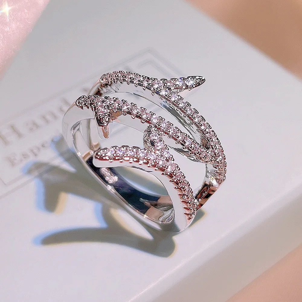 

Gorgeous Intersect Women Ring Full Micro Paved CZ Stone Dazzling 925 Sterling Silver Wedding Ring Fashion Cross Lady Jewelry