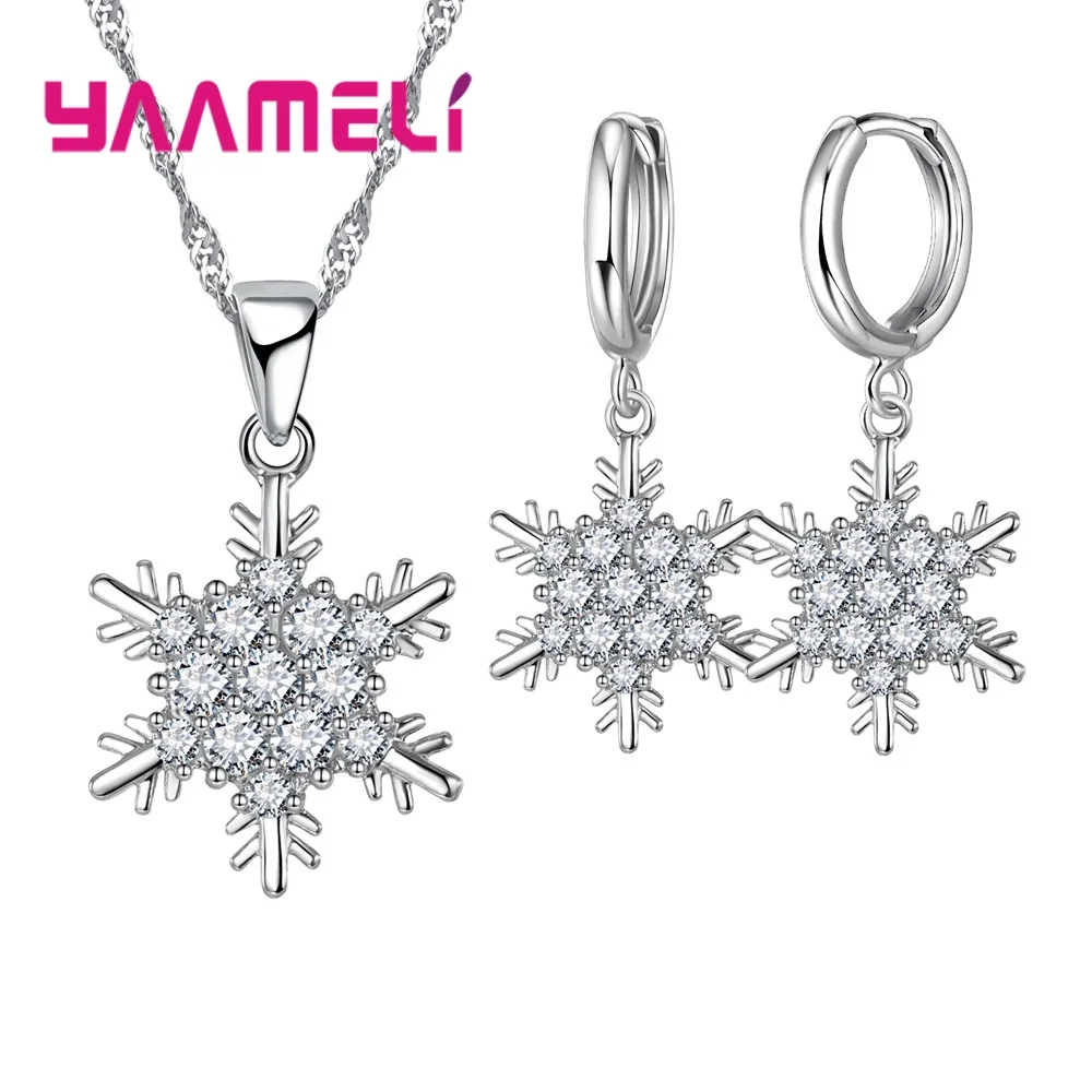 Женский Снежинка Huggie Earrngs ожерелье набор Настоящее серебро 925 пробы ювелирные
