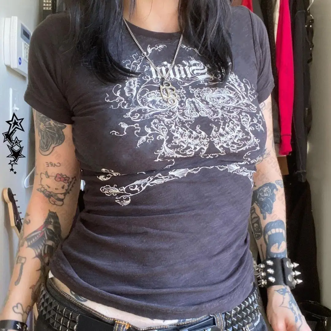 

Aesthetic Women Graphic print Gothic Punk Crop Top Streetwear Grunge Baby Tee Vintage Casual Short Sleeve T-Shirt Y2k Clothes