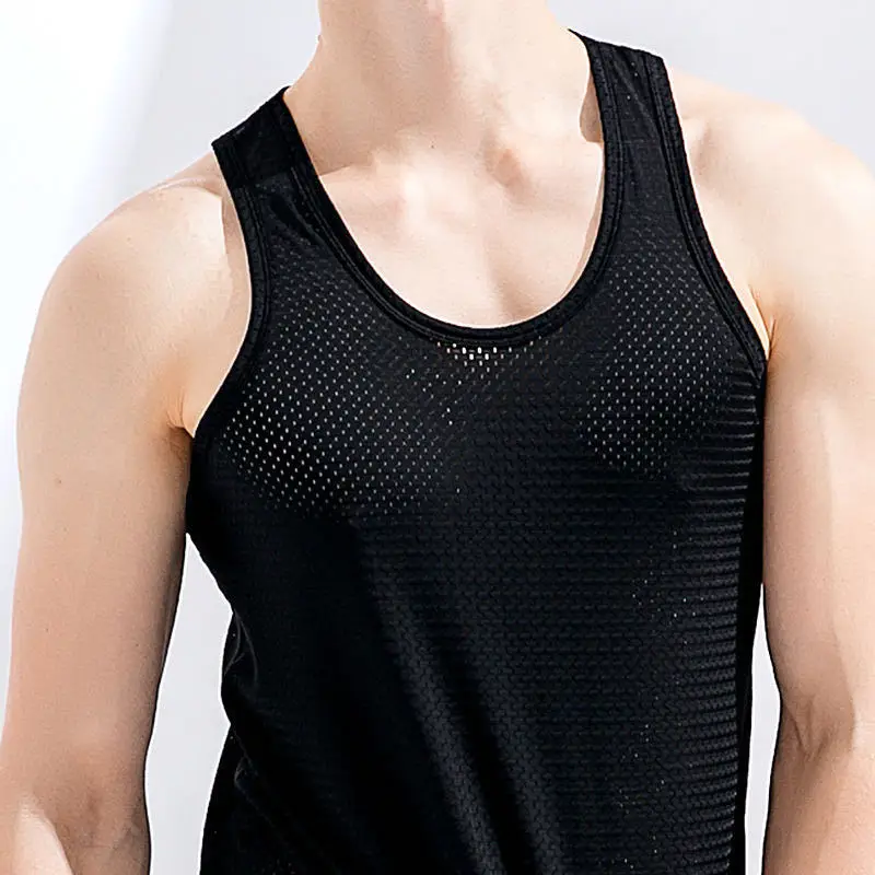 

Summer Ice Silk Mesh Vest Men's Sports Fitness Quick-drying Hollow T-shirt Breathable Loose Thin Bottoming Shirt Tide