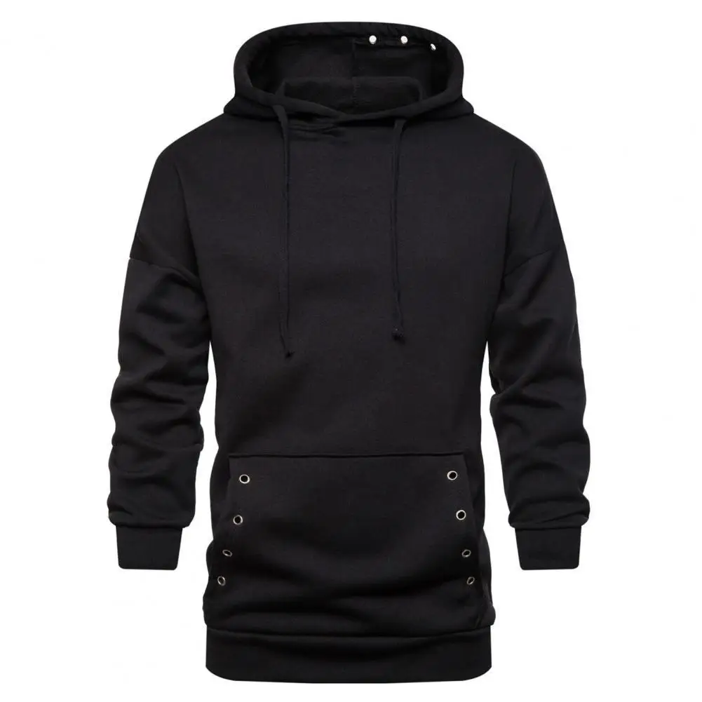 

Men's Hoodie Front Pocket Drawstring Long Sleeve Pullover Hoodie Solid Color Slim Metal Holes Hooded Sweatshirt Men's Clothing