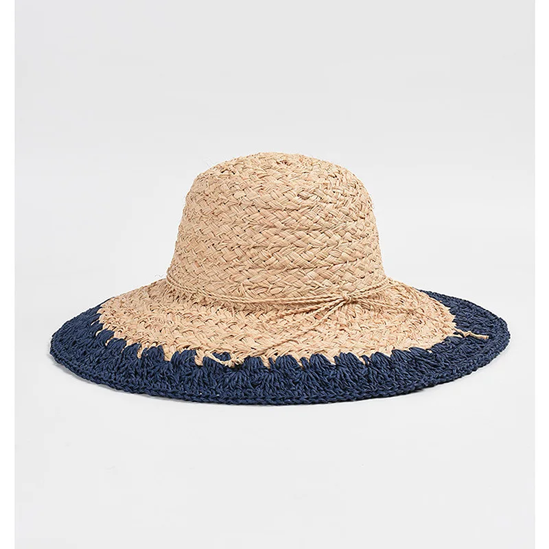 New Wide Brim Summer Hat for Women Flat Top Color Stitching Straw Hat Unisex Sun Hat Beach Hat Sun Protection Kentucky Derby Hat