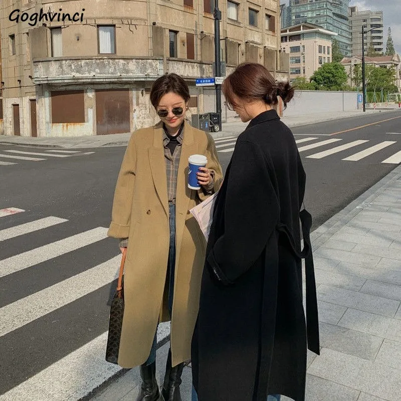 

Women Wool Blends Coat Solid Simple A-line Sashes Korean Fashion Elegant Slim Office Lady Loose Hot Sale 2XL All-match Daily New