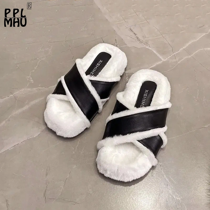 

Winter Warm Slip On Comfortable Women Plush Slippers PU Leather Platform Home Shoes Round Head Non-Slip Fluffy Cotton Shoes
