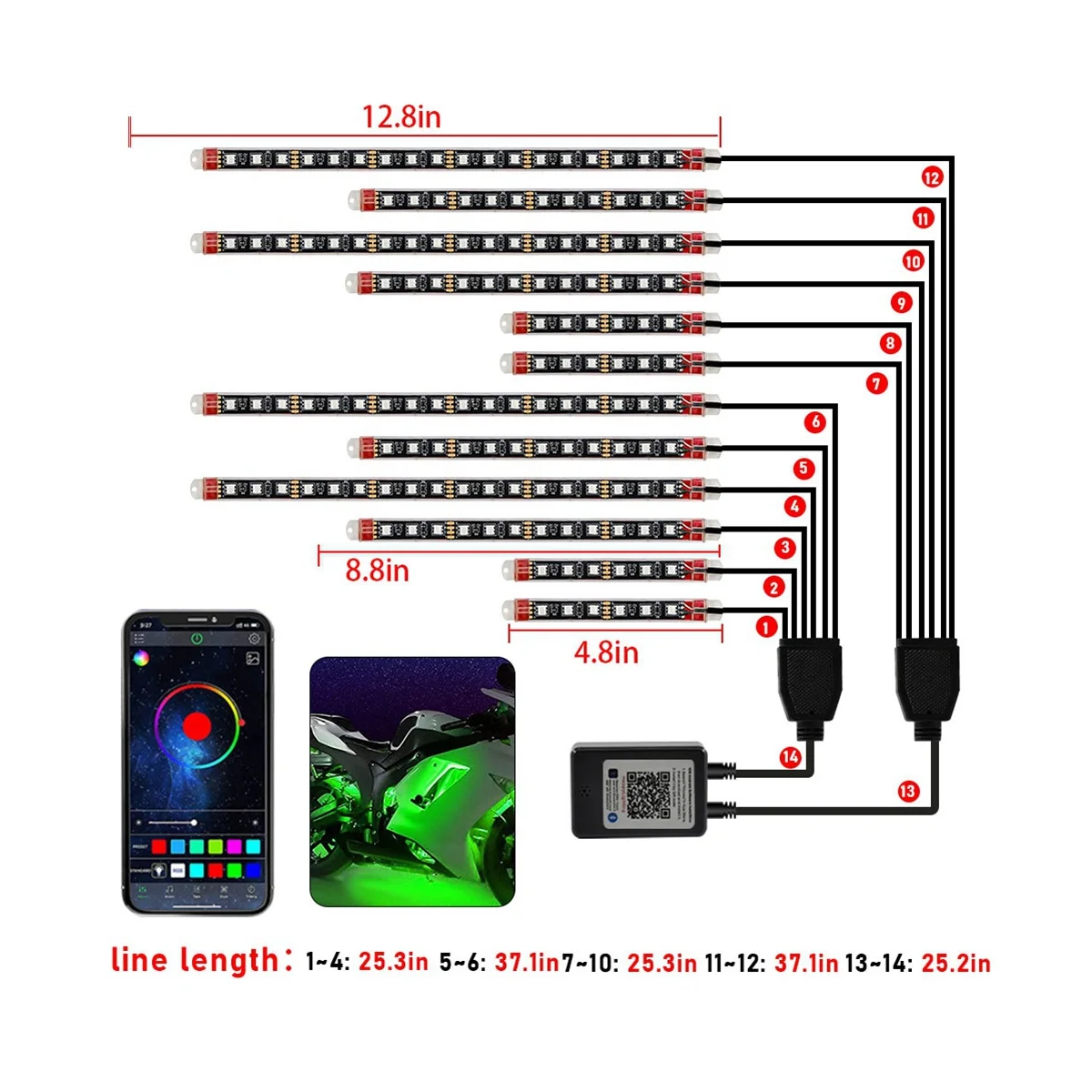 12 шт. водонепроницаемые светодиодные ленты для мотоцикла