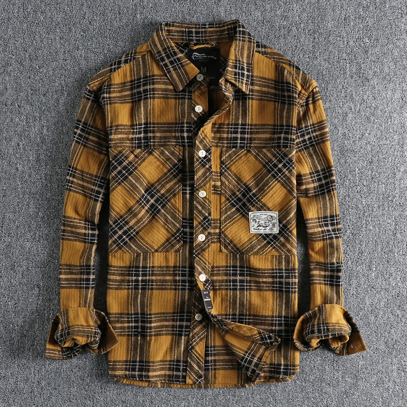 Thick autumn and winter washed sanding fabric plaid long sleeve shirt men's American tooling big pocket trend youth shirt