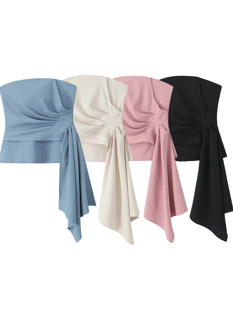 Zevity 2024 Women Fashion Strapless Solid Pleated Design Corset Style Slim Blouse Female Zipper Shirts Blusas Chic Tops LS7204