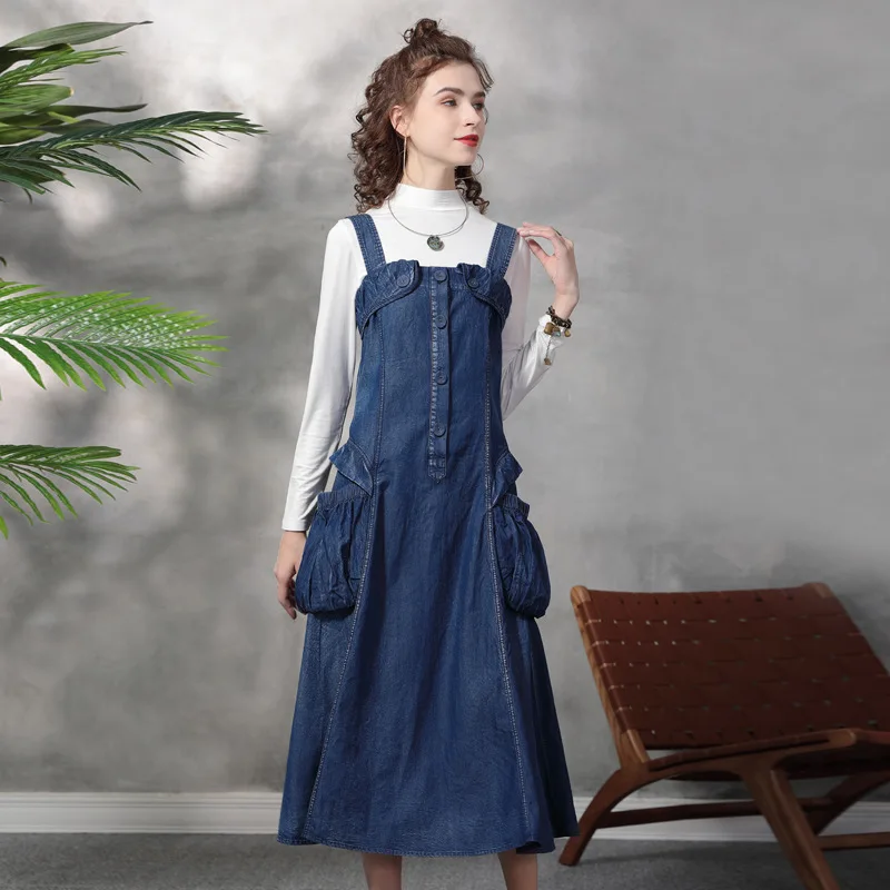 Summer Women Denim Sundress Casual Sleeveless Spaghetti Strap Midi Dresses Y2k Fashion Big Pocket Button Up Dress Vestidos Jeans