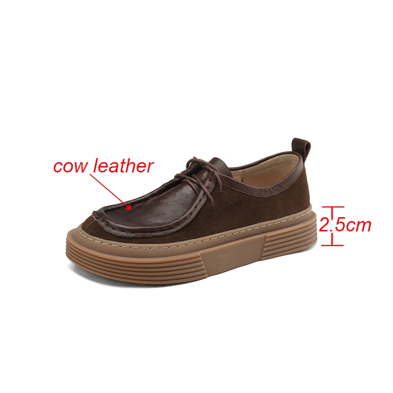 Kanseet Genuine Leather Women Shoes Spring New Round Toe Causal Platform Loafers Handmade Thick High Heel Lady Footwear 40 Brown