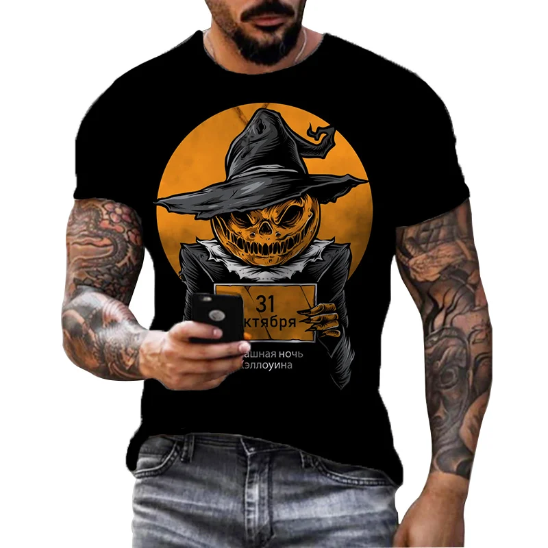 

Trendy Halloween Men's T-shirt Horror Pumpkin Head Print Summer Top Personalized Punk Short Sleeve Clothing Multiple Sizes