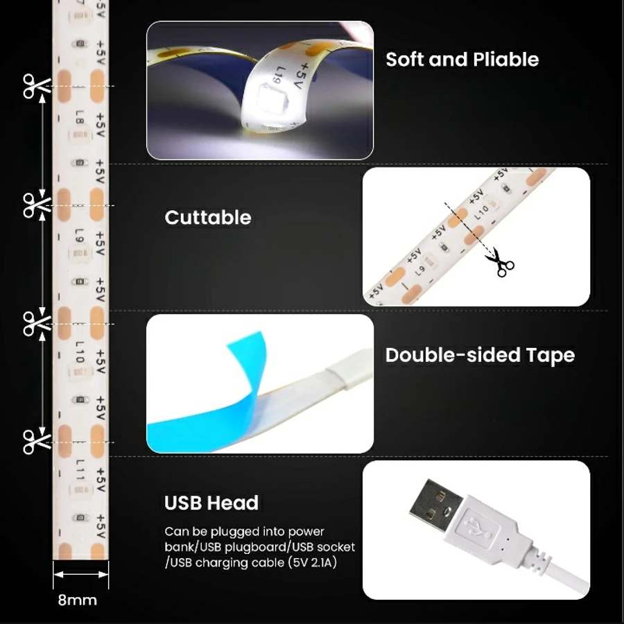 USB светодиодная лента SHICUO с датчиком движения 1M/2M/3M/5M