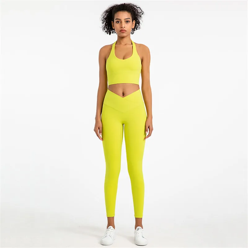 Solid Color Women Gym Fitness Set Halter Neck Sports Bra Crop Top Yoga Legging Two Pcs Suits Front Waist Cross Workout Training