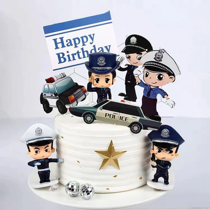 

Police Cake Toppers Policewoman Policeman Plane Handcuffs Call Machine Decoration Happy Birthday Party Kids Cupcake Topper