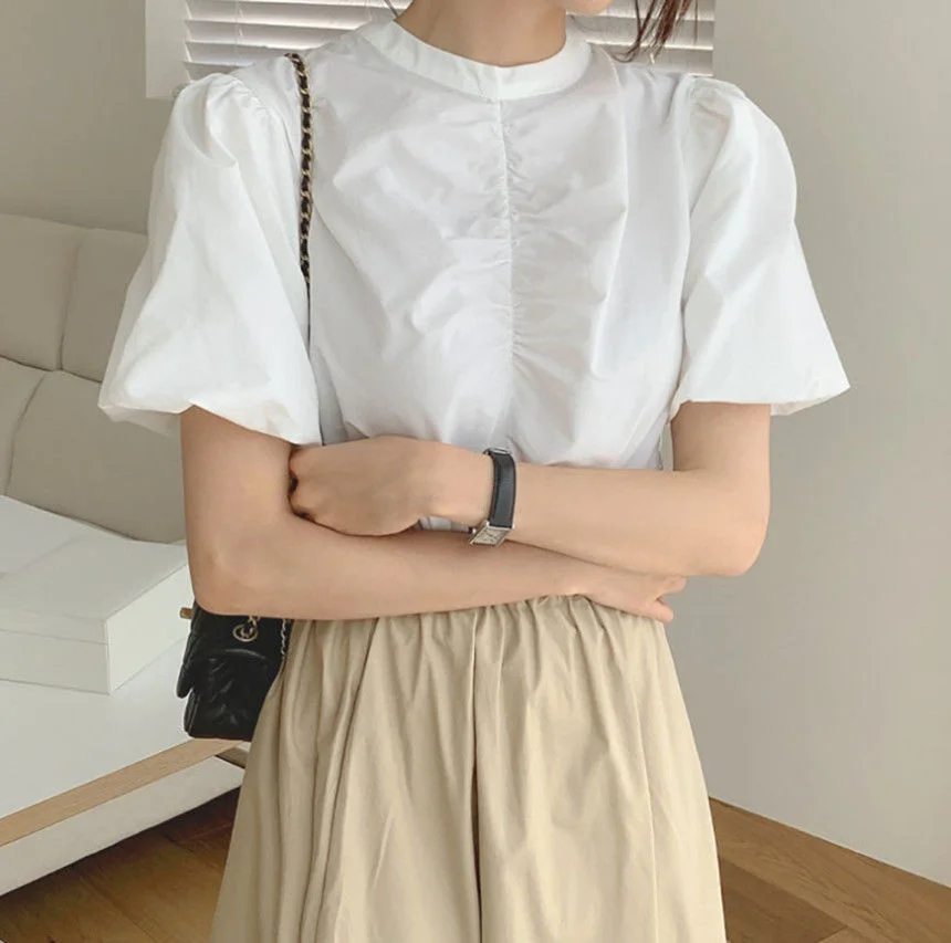 

Blouse Chic Summer French Simple Small Round Neck Wrinkled Bubble Sleeve Short Sleeve Shirt Top