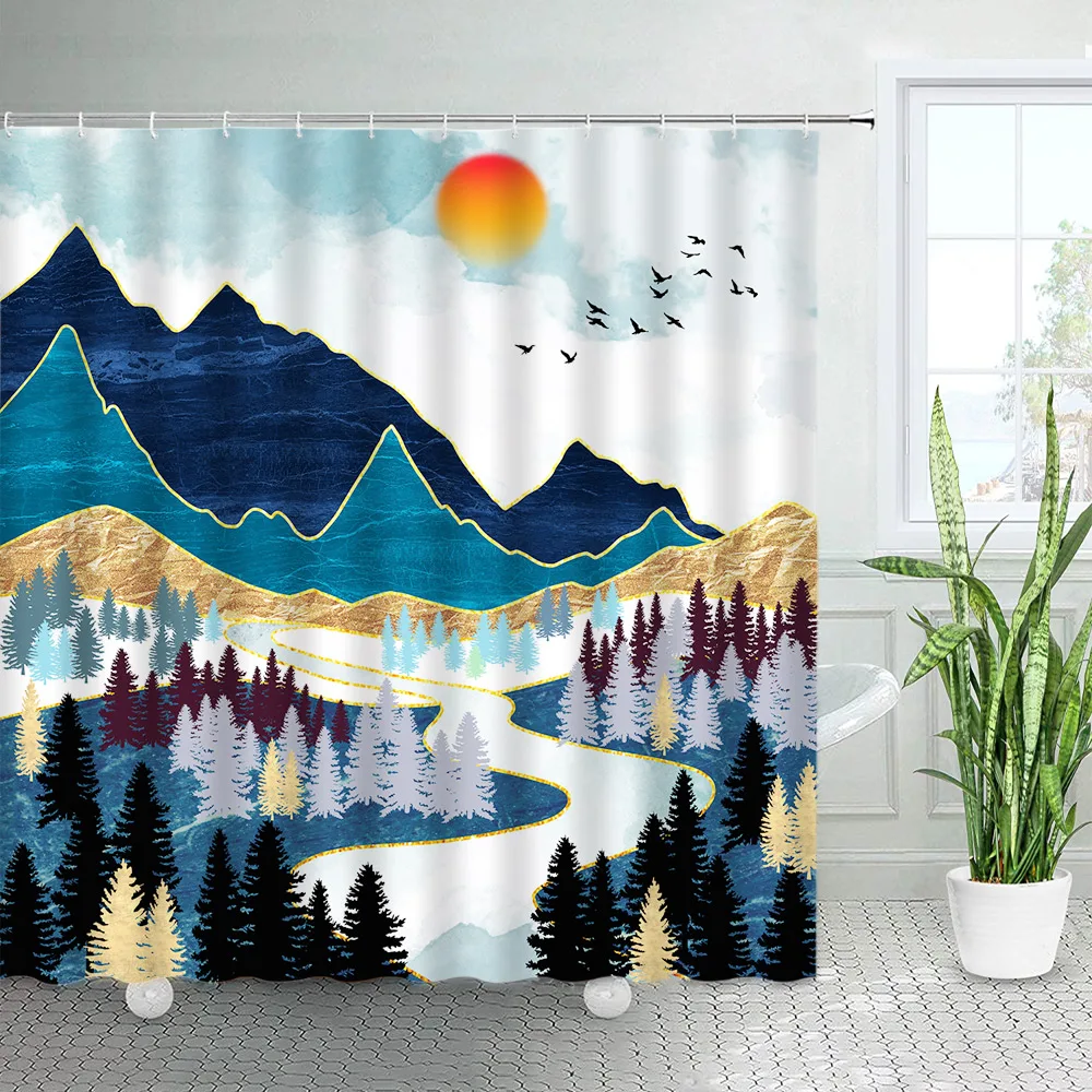 

Штора для душа с изображением гор и леса, закат акварелью, пейзаж природы, художественная роспись, ткань для ванной комнаты, занавеска с крюч...