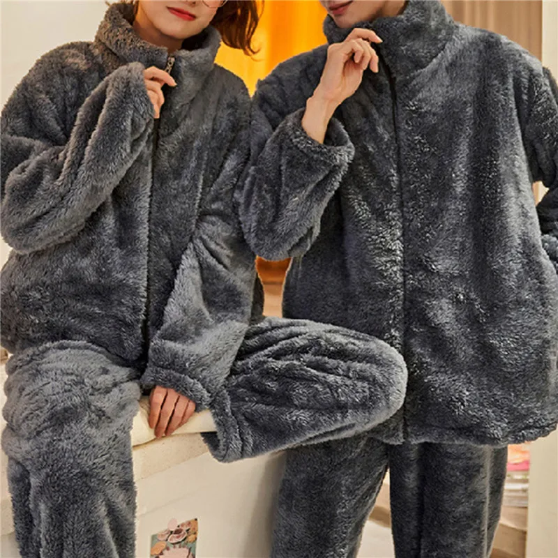 

Couple Pyjamas Pajamas Women Women Lover Flannel Pijama Zipper Warm Autumn Set Sleepwear Winter Cloth Casual Family Homewear Men