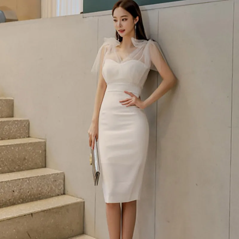 

Летнее корейское модное женское платье DALMAZZO с V-образным вырезом, со шнуровкой и воротником, облегающее платье до колен, повседневное лоскутное Сетчатое женское платье с ягодицами