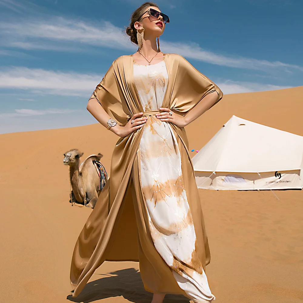 Ramadan Eid Sequins Satin Choffin Patchwork Women Muslim Dresses Abayas Caftan Marocain Saudi Turkey Robe Femme 2-Piece Set