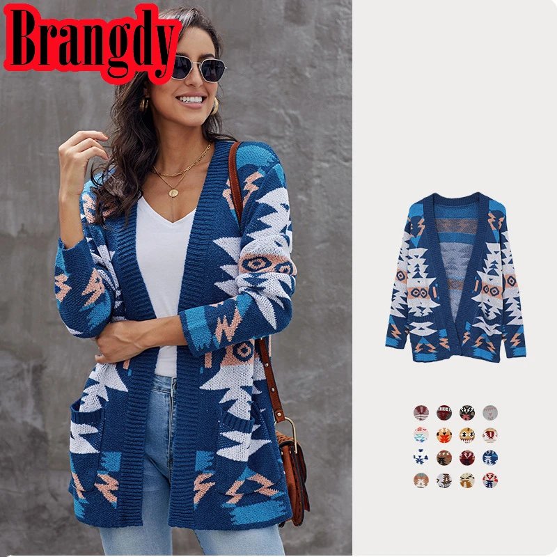 

Autumn and Winter New Women's Mid-Length Knitted Cardigan Coat Women's Knitwear Women's Sweater Casual Loose V-neck Retro