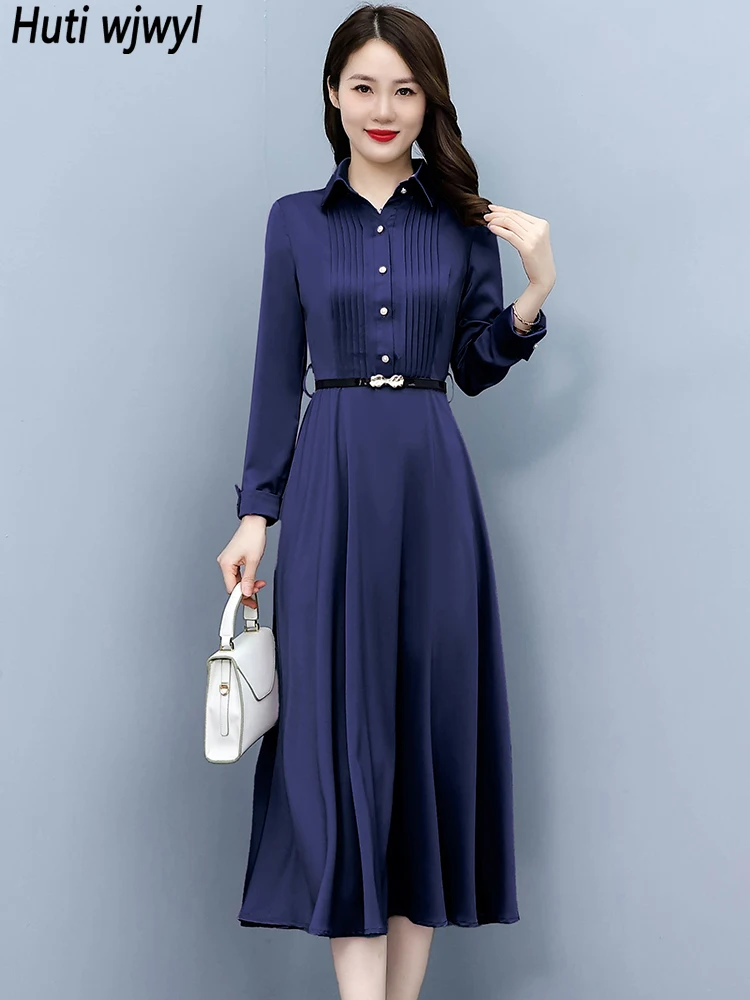 

2022 Pink Acetate Satin Polo Collar Midi Dress Autumn Winter Women Office Lady Dress Elegant Bodycon Party Chic Prom Maxi Dress