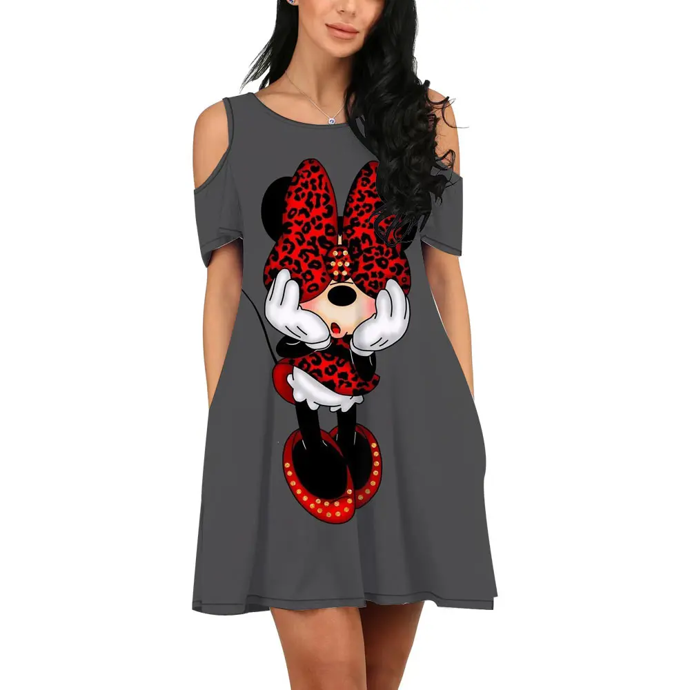

Summer Fashion Women's New Harajuku Design Disney Cute Mickey Minnie Dress Anime Ladies Casual Round Neck Off Shoulder Dress