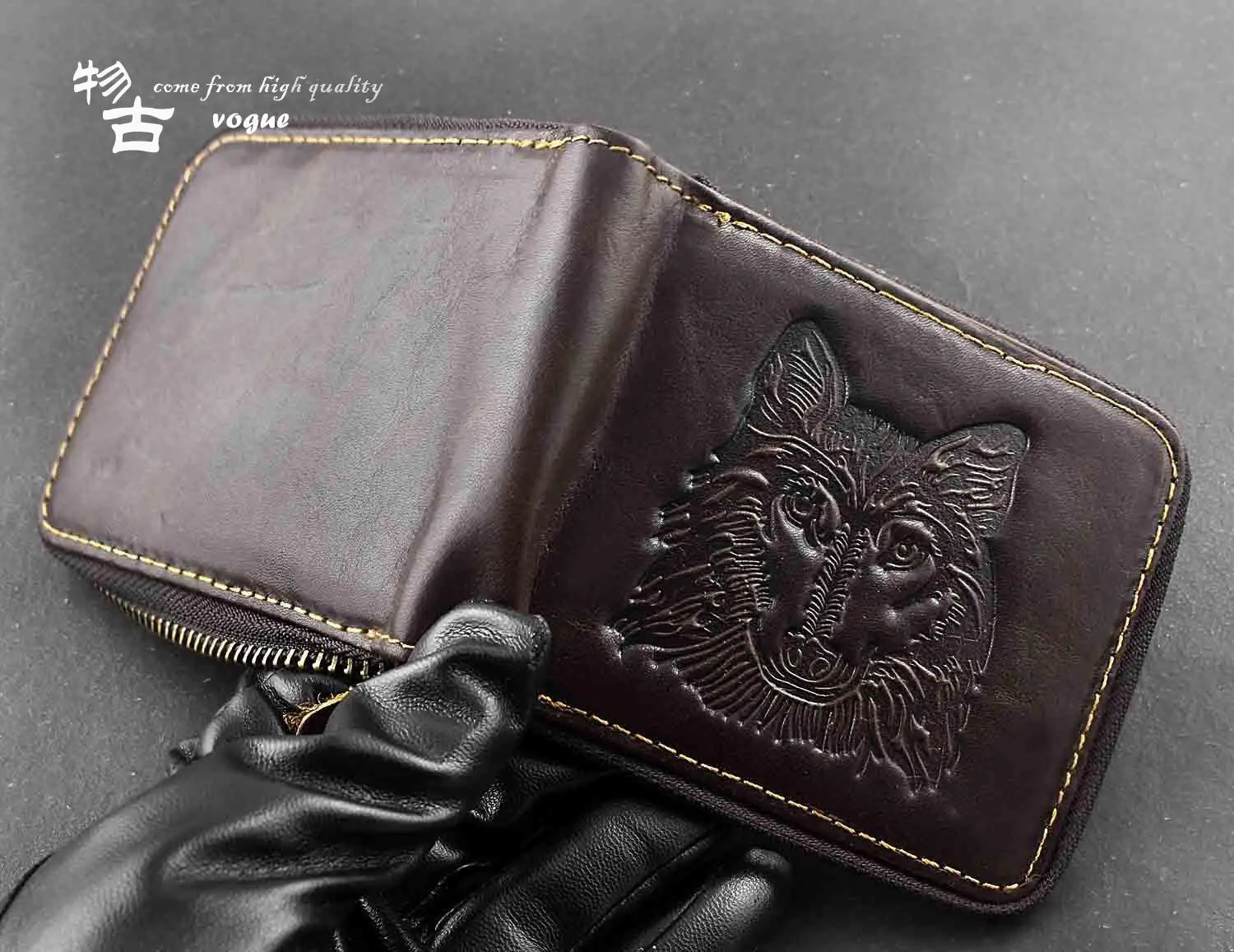 Wolf Pattern Men Wallet Leather Business Zipper Wallet Luxury Billfold Slim Hipster Credit Card Holders Inserts Coin Purses Vint