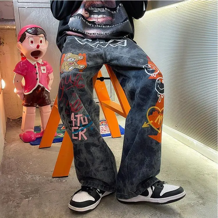 

New Straight Jeans Trendy Brand Hiphop pringt Wide-leg Pants High Street Washed Mopping Loose Thick Denim Trousers fashion pants