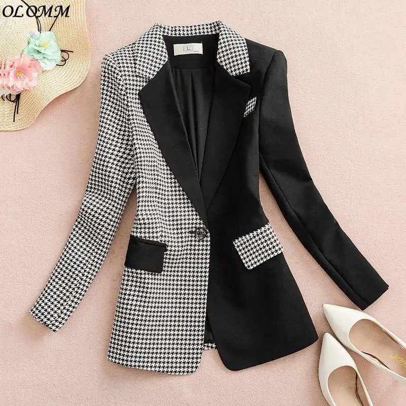 

Spring Autumn Black Jacket Stitched Coat Women's Houndstooth Temperament Casual Small Suit Top Gothic Korean Clothes Women