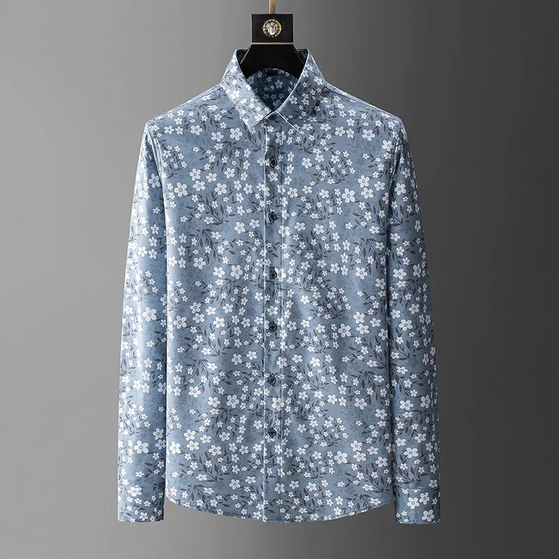 2022 Spring Floral Print Shirts Men's Slim Casual Shirt Business Formal Dress Shirt Streetwear Social Party Tuxedo Chemise Homme