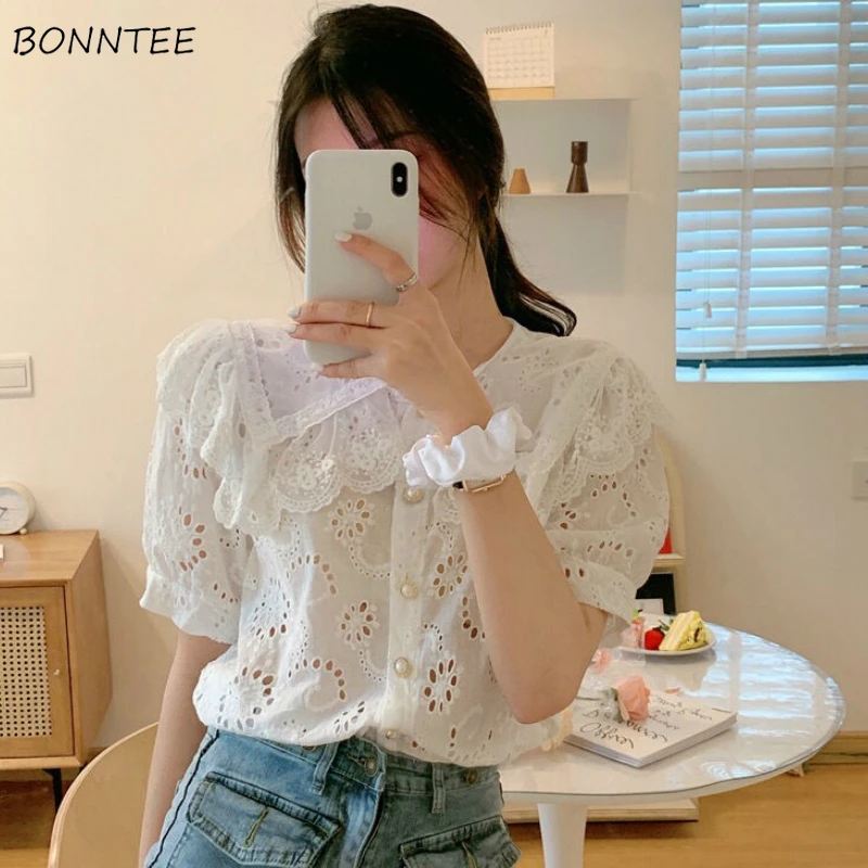 

Ажурные рубашки, женские дизайнерские рубашки с воротником «Питер Пэн», модные в стиле преппи, праздничные простые универсальные кавайные ...