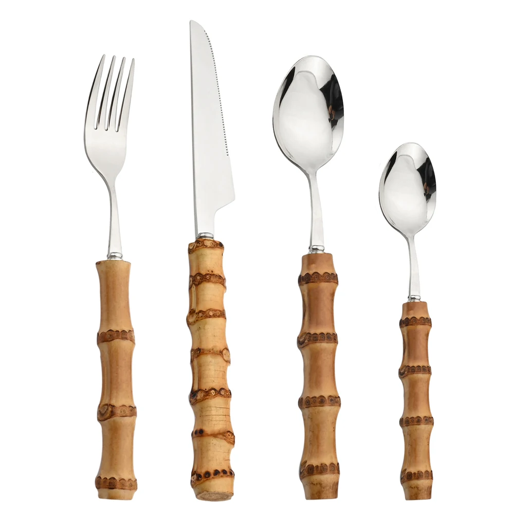 

AJOYOUS 4Pcs Silver Dinnerware Cutlery Set Stainless Steel Fork Knife Spoon Bamboo Handle Flatware Set Mirror Tableware Set