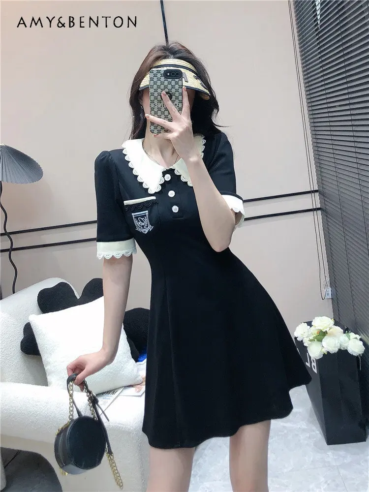 

Summer Lace Peter Pan Collar A- Line Short Sleeve Dress for Women 2023 New Casual High Waist Slimming Short Dress