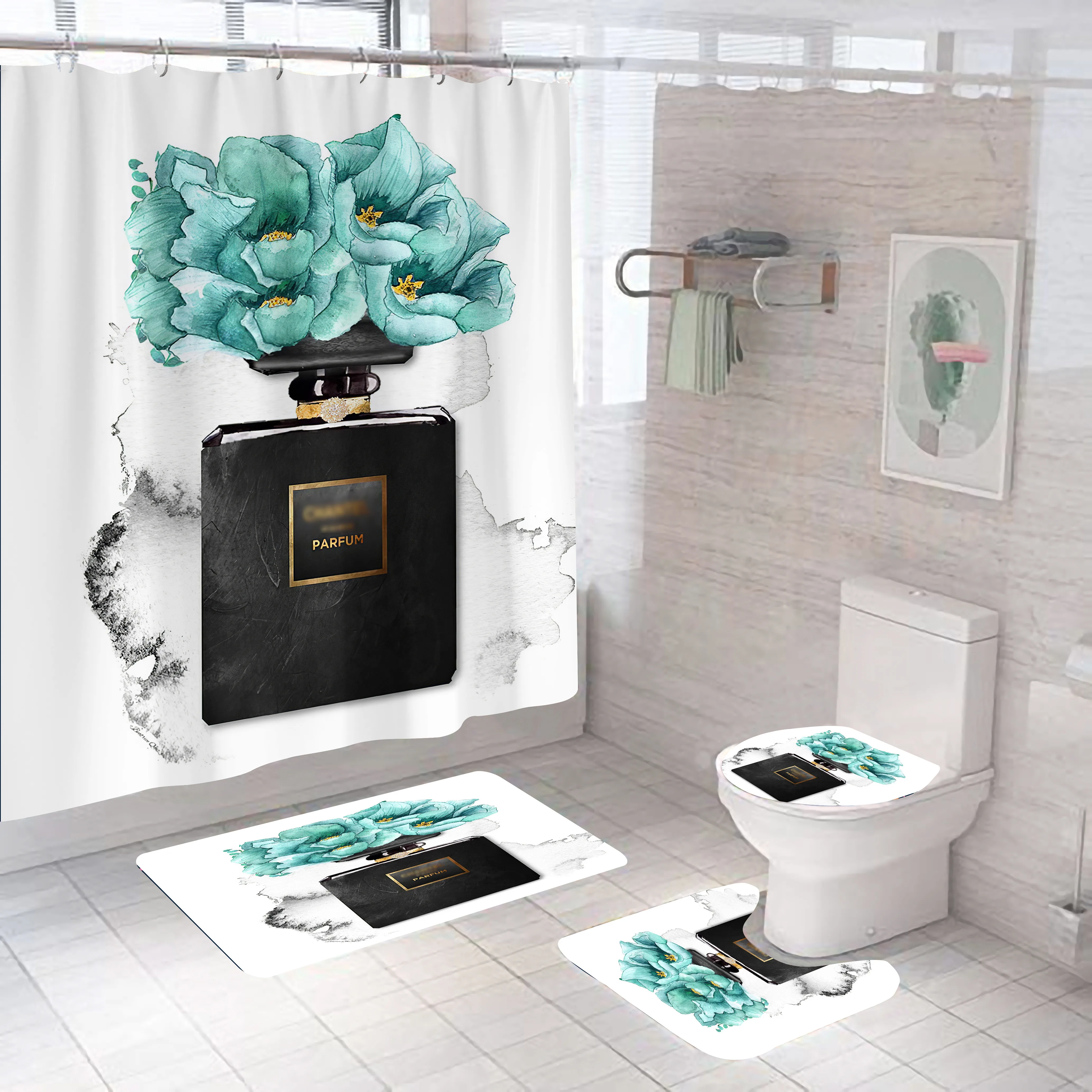 

Perfume Shower Curtain Flower Bath Curtains Non Slip Toilet Cover Floor And Mat Rug Sets