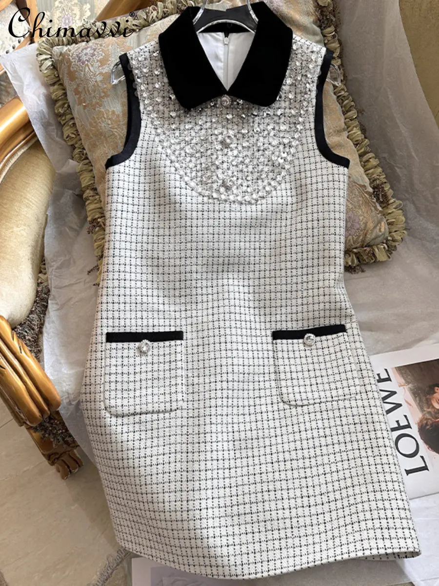 

New 2023 Spring Woolen Dress Women's Fashion A- Line Elegant Heavy Industry Rhinestone Embroidery Dresses Party Mini Dress
