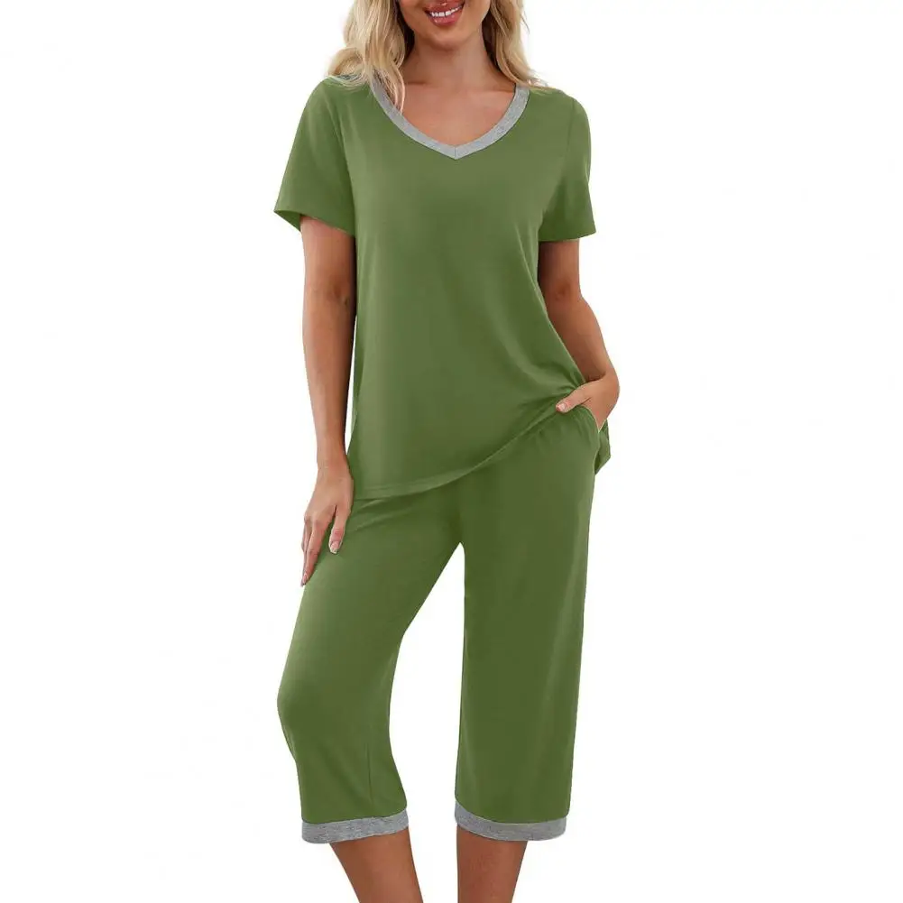 

Lady Two Piece Set Stylish 2-piece Pajama Set V Neck Contrast Color Loose Fit Elastic Waist Cropped Pants Pajamas Set