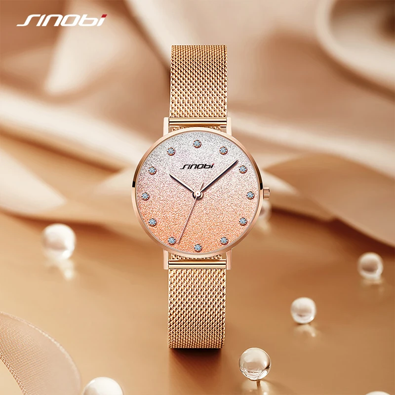 Часы наручные Sinobi Женские кварцевые модные роскошные золотистые с бриллиантами
