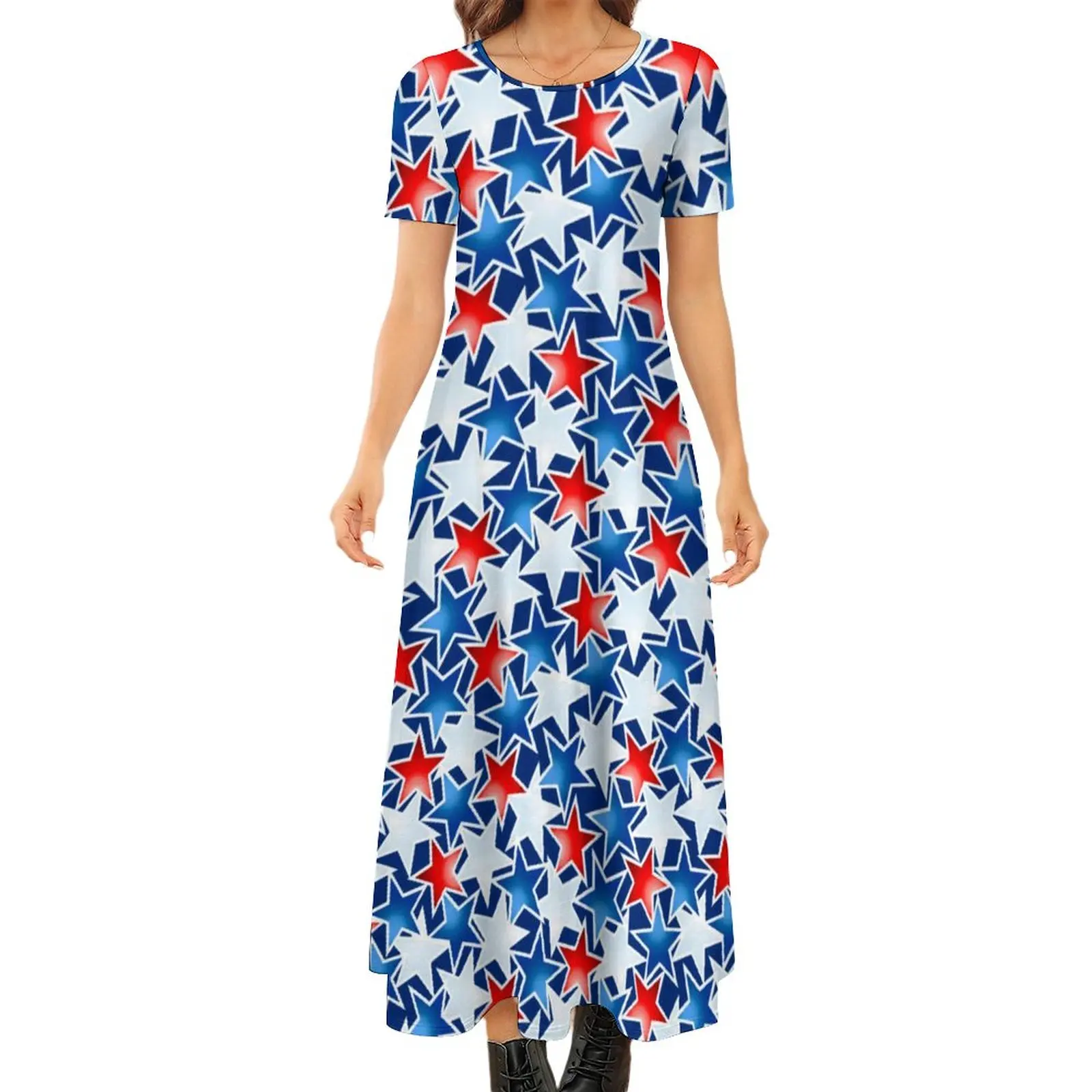 

Red White And Blue Star Dress Abstract Stars Print Street Wear Boho Beach Long Dresses Woman Cute Maxi Dress Large Size