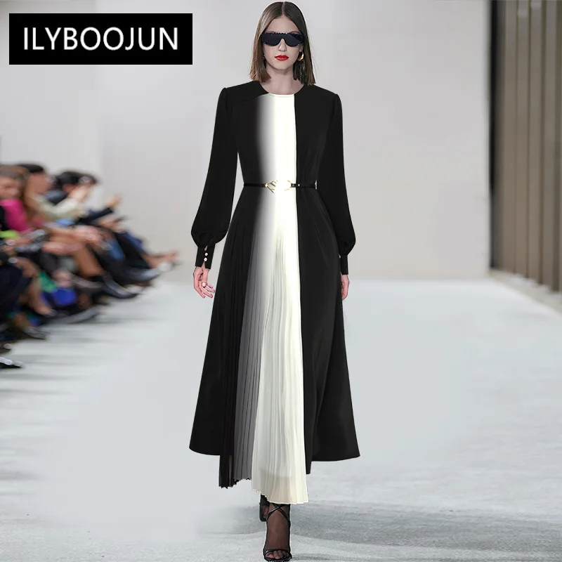 

Dresses For Women 2022 Elegant High Quality Luxury Spring Loose O-Neck Lantern Sleeve Pleated Patchwork Belt Party Long Dress